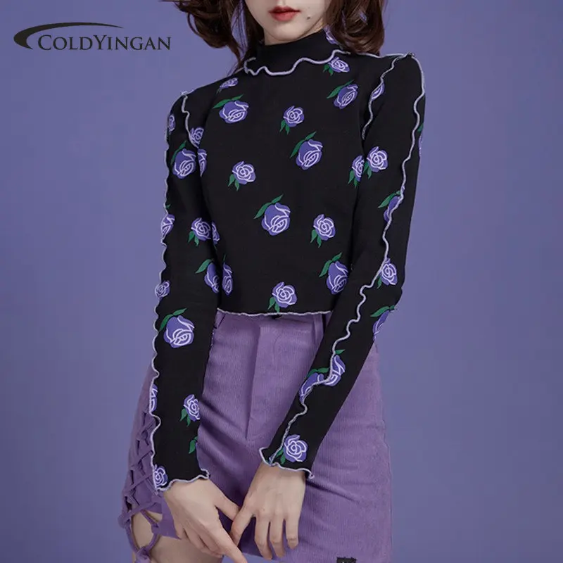 

ColdYingan Gothic Purple Rose Long Sleeve Crop Tops Women Grunge T-shirt Alt Clothes Fairycore Y2k Top Dark Academia Streetwear