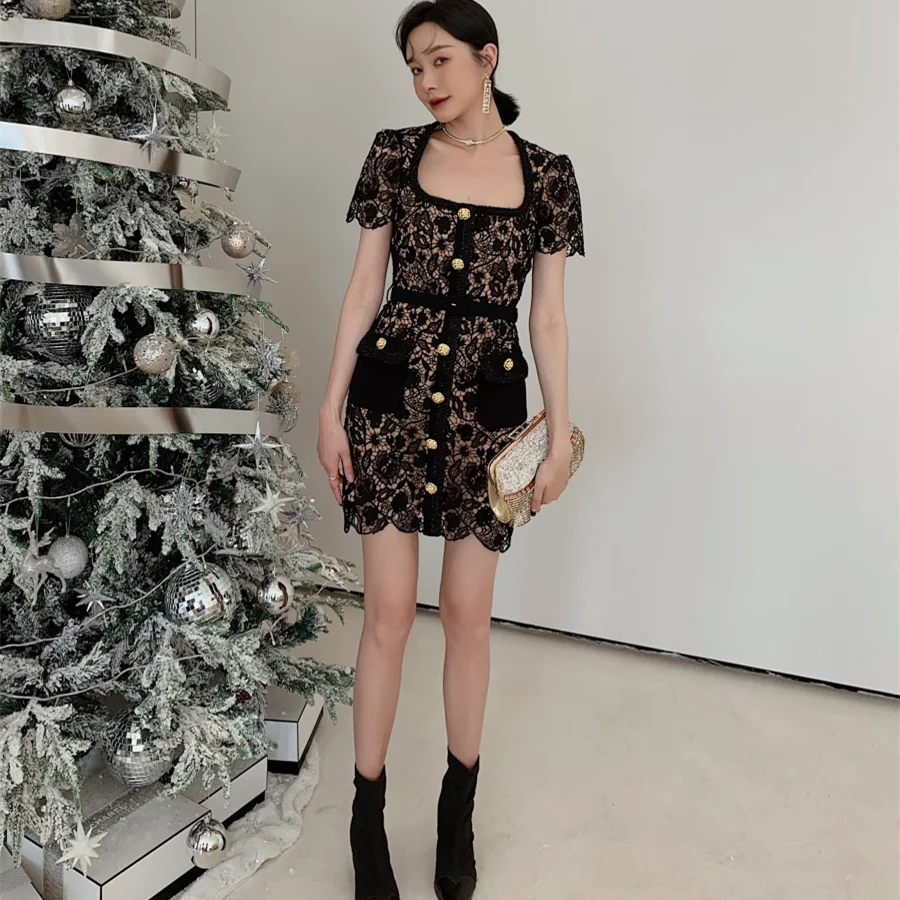 

HIgh Quality Black Guipure Lace Dress 2023 Spring Designer Cute HOllow Out SIngle Breasted Tight Women Mini Dress