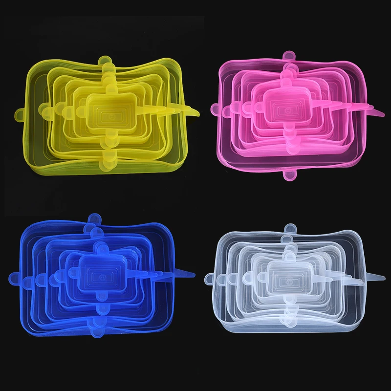 

6PCS Square Silicone Stretch Lid Kitchen Tool Accessories Reusable Food Packaging Sealed Lid Keeps Fresh Elastic Bowl Lid