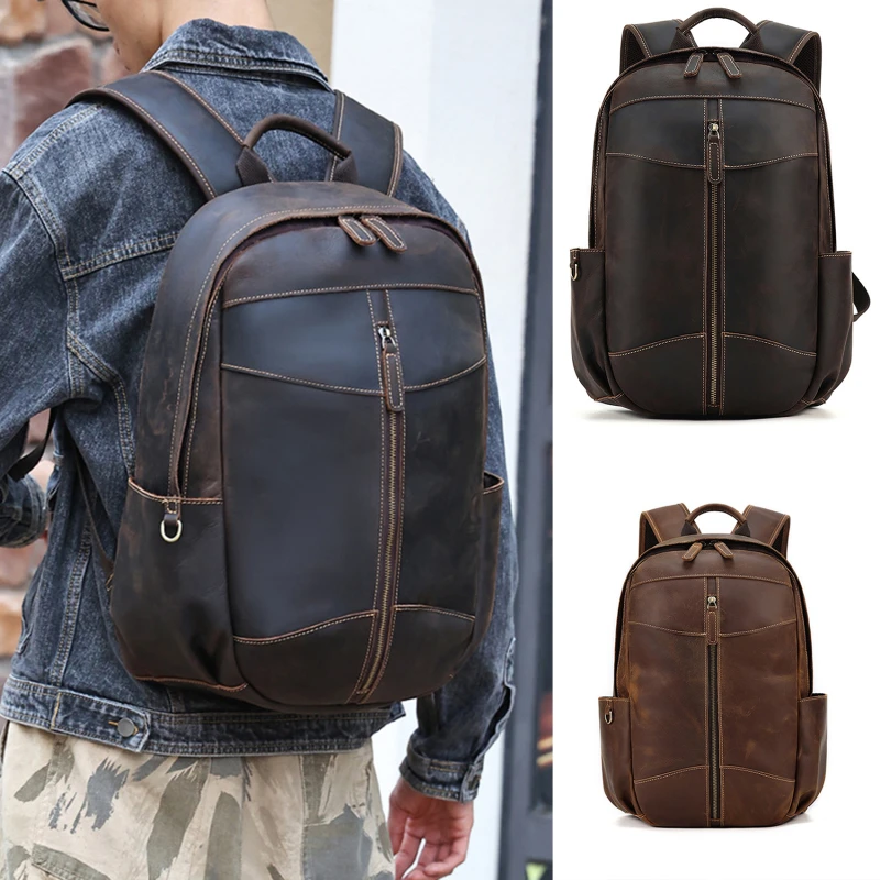 

Vintage Leather Backpack for Men 15.6 Inch Laptop Bag School Bag Overnight Weekender Camping Daypack Rucksack Brown Coffee