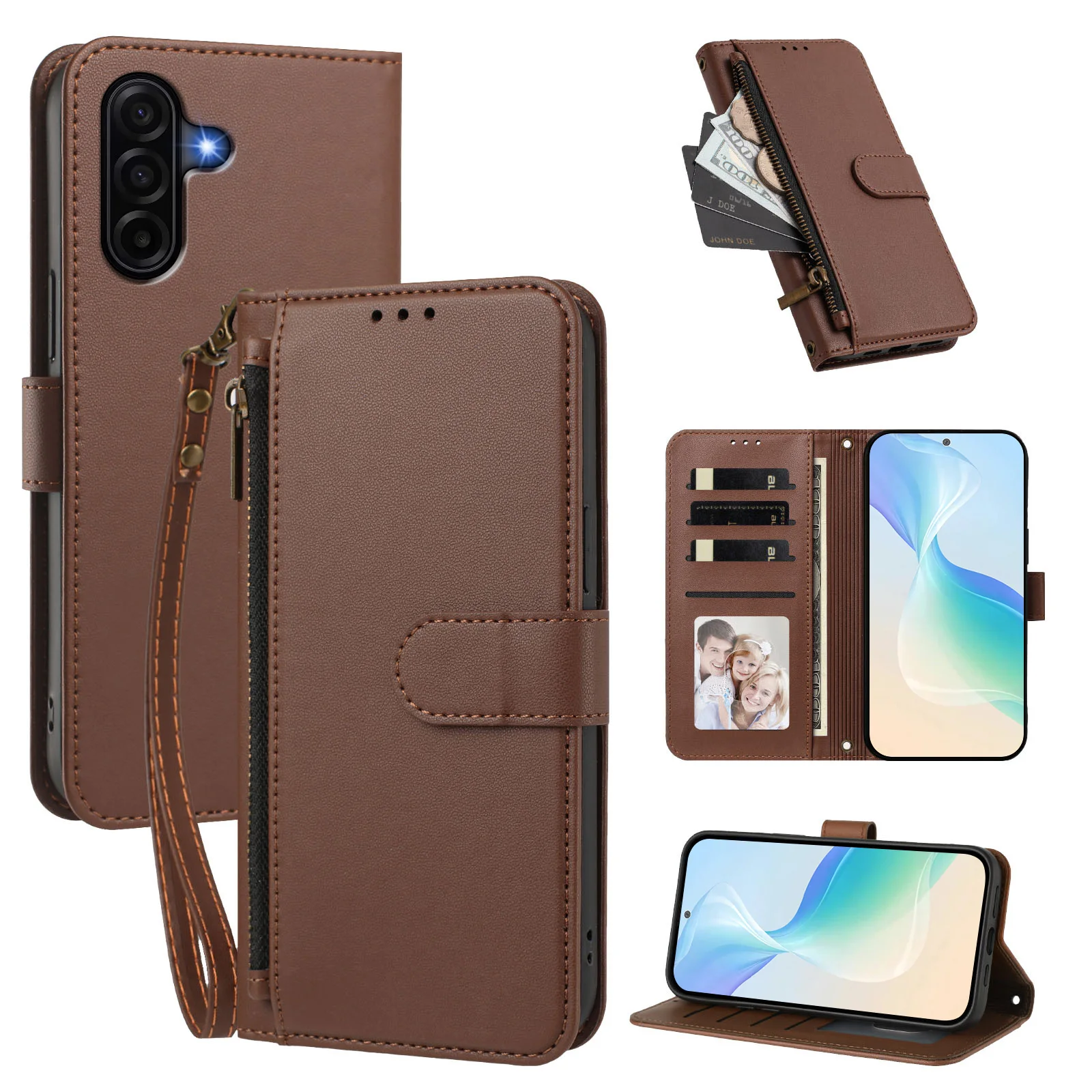 Фото Кожаный чехол-флип с карманом на молнии для OPPO Realme GT8 Pro GT7 GT6T GT6 GT5 GT3T GT3, с ремешком и отделением для 4 карт №1