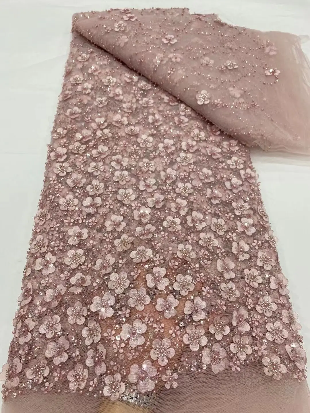 

2023 High Quality African Nigerian Tulle Lace Fabric BeadsSequins Embroidery French Guipure Wedding Party Dress Beaded 5Yards