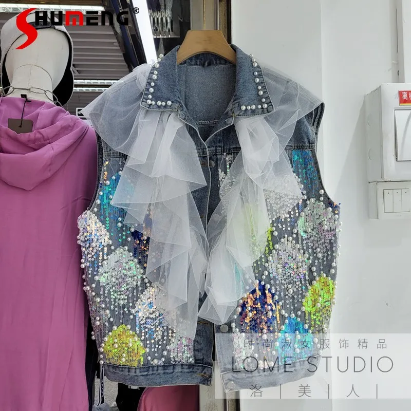 

Woman Sleeveless Vests 2022 Spring and Autumn New Loose Stitching Mesh Beaded Blue Denim Waistcoat Vest Coat Women Streetwear