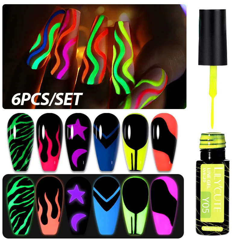 6pcs/Set Line Gel Nail Polish Kit 5ml Lumious Glow In Dark Varnishes DIY Painting Drawing For Manicure UV Nail Art Line Gel