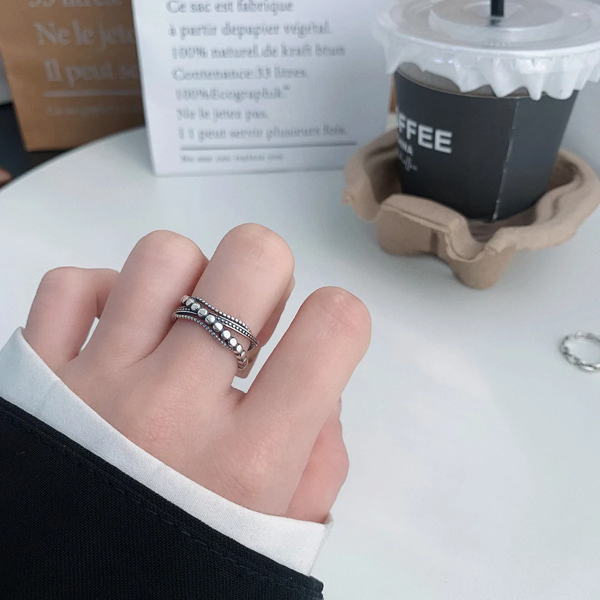 Женское винтажное Открытое кольцо в горошек из серебра пробы