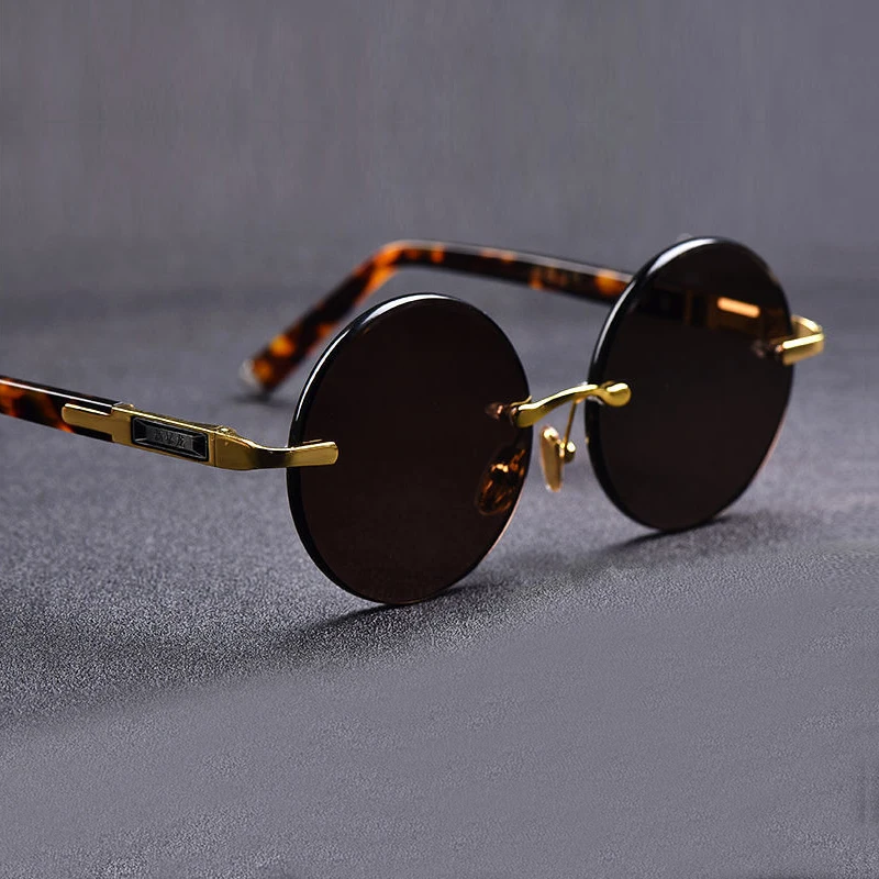 Natural Crystal Stone Sun Glasses Man Round Rimless Glass Sunglasses Woman Luxury Brown Mineral Lens Acetate Frame Anti Scratch