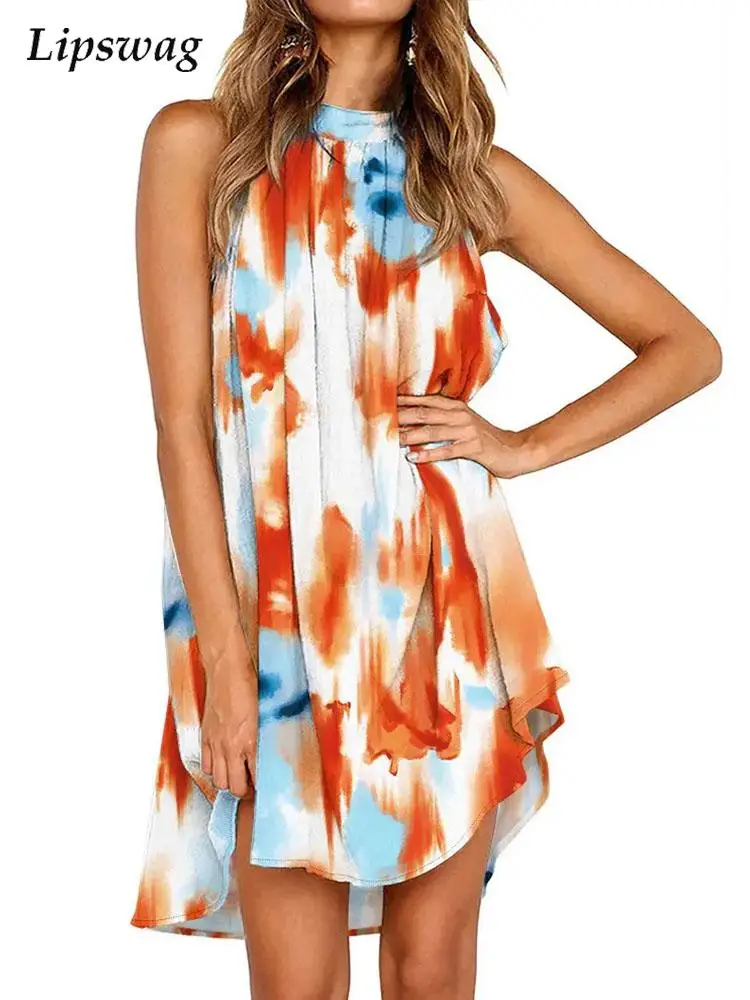 

Женское винтажное вечернее платье с принтом, привлекательное короткое платье с высоким воротником, модные прямые платья без рукавов, лето ...