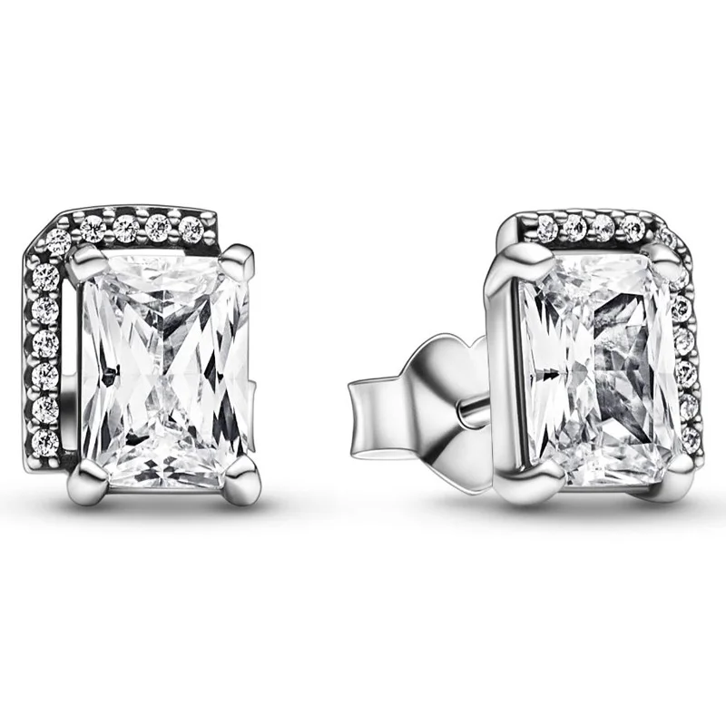 

Authentic 925 Sterling Silver Timeless Rectangular Sparkling Halo Stud Earring For Women Wedding Fashion Jewelry