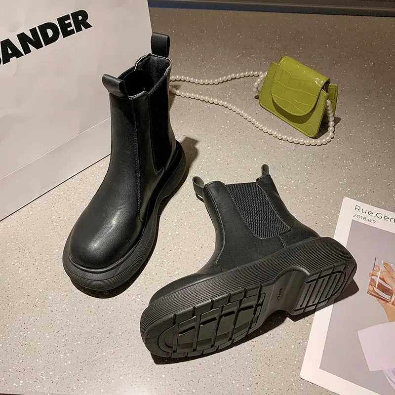 Autumn Winter New Boots Female Mid Calf Boots Ladies Fashion Casual PU Booties Women Boots Slip on Flats Platform Woman Boots