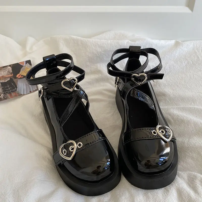 Crossed Heart Buckle Strap Girls' Mary Janes British Style Zapatillas Mujer Wedges Lolita Shoes Autumn Classic Ladies Footwear