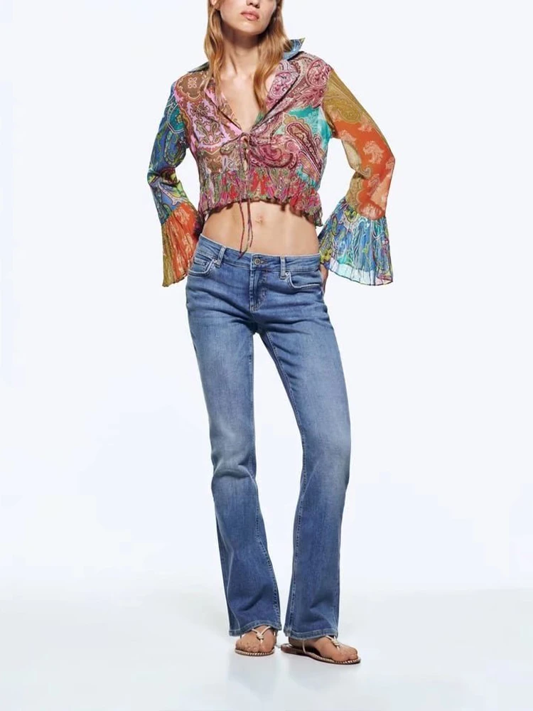 

Новинка 2022, модные Многослойные декоративные рубашки с принтом, длинными рукавами, манжетами, расклешенными рукавами, оборками на подоле, л...