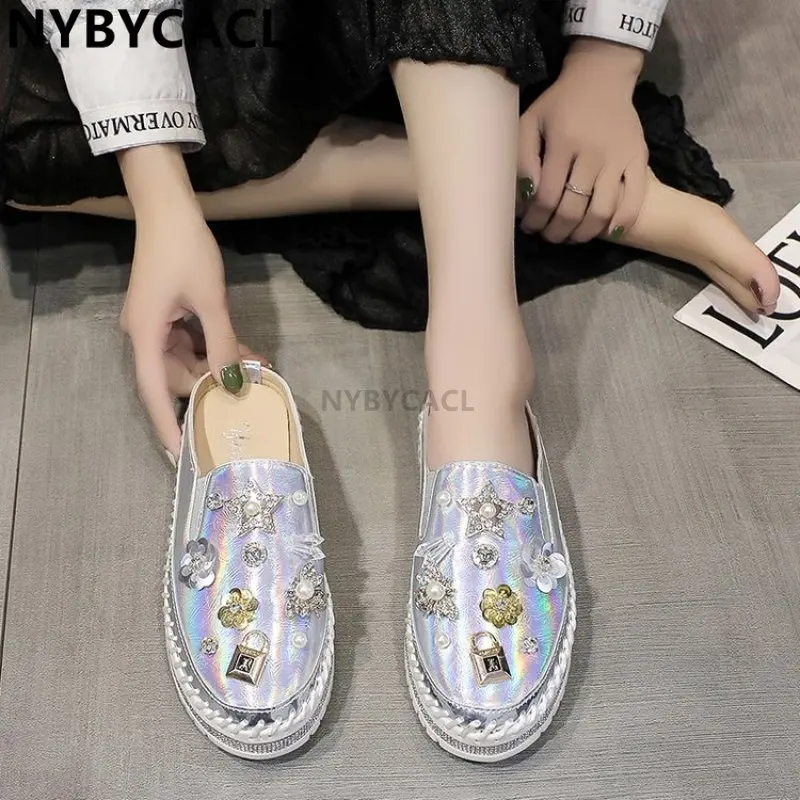 Diamonds Pearl Women Slippers Flowers Lock Crystals Rhinestone Slides Bling leather Round Toe Slip-on Platform Fashion New Shoes