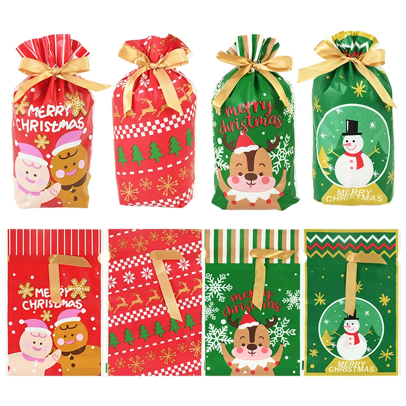 

10pcs Merry Christmas Candy Bag Santa Claus Snowman Elk Xmas Tree Drawstring Bags New Year Xmas Party Favors Kids Gift Packaging
