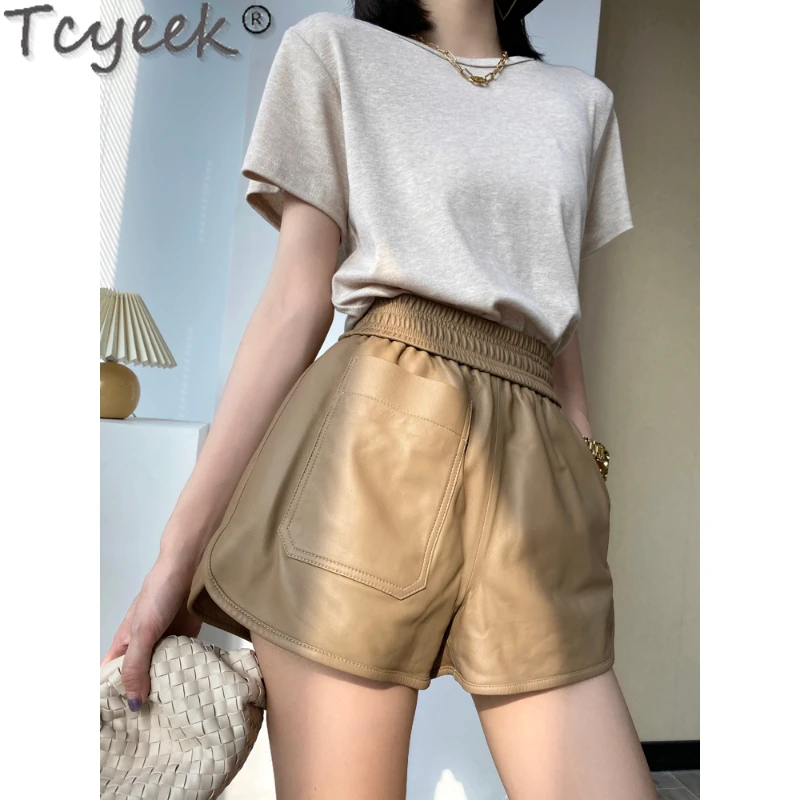 Tcyeek Real Leather Shorts Women's Spring Wide-leg Leather Pants High Waist Outer Wear Large Pocket All-match Sheepskin Shorts