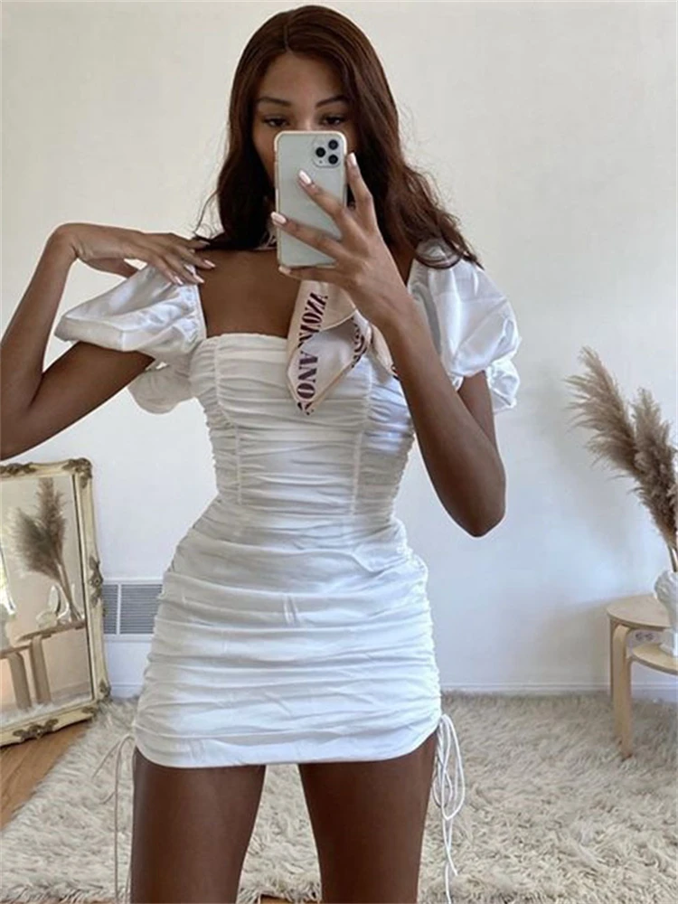 

Соблазнительные однотонные плиссированные облегающие мини-платья habming, осенний наряд для женщин 2022, Бандажное короткое платье с открытой спиной и рукавами принцессы для женщин