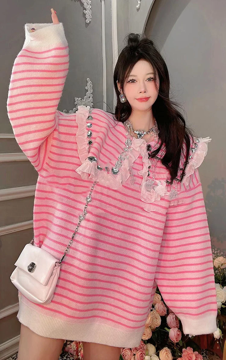 

French minority heavy industry diamond inlaid striped wool knitwear women's 2022 autumn and winter clothing new loose doll neck