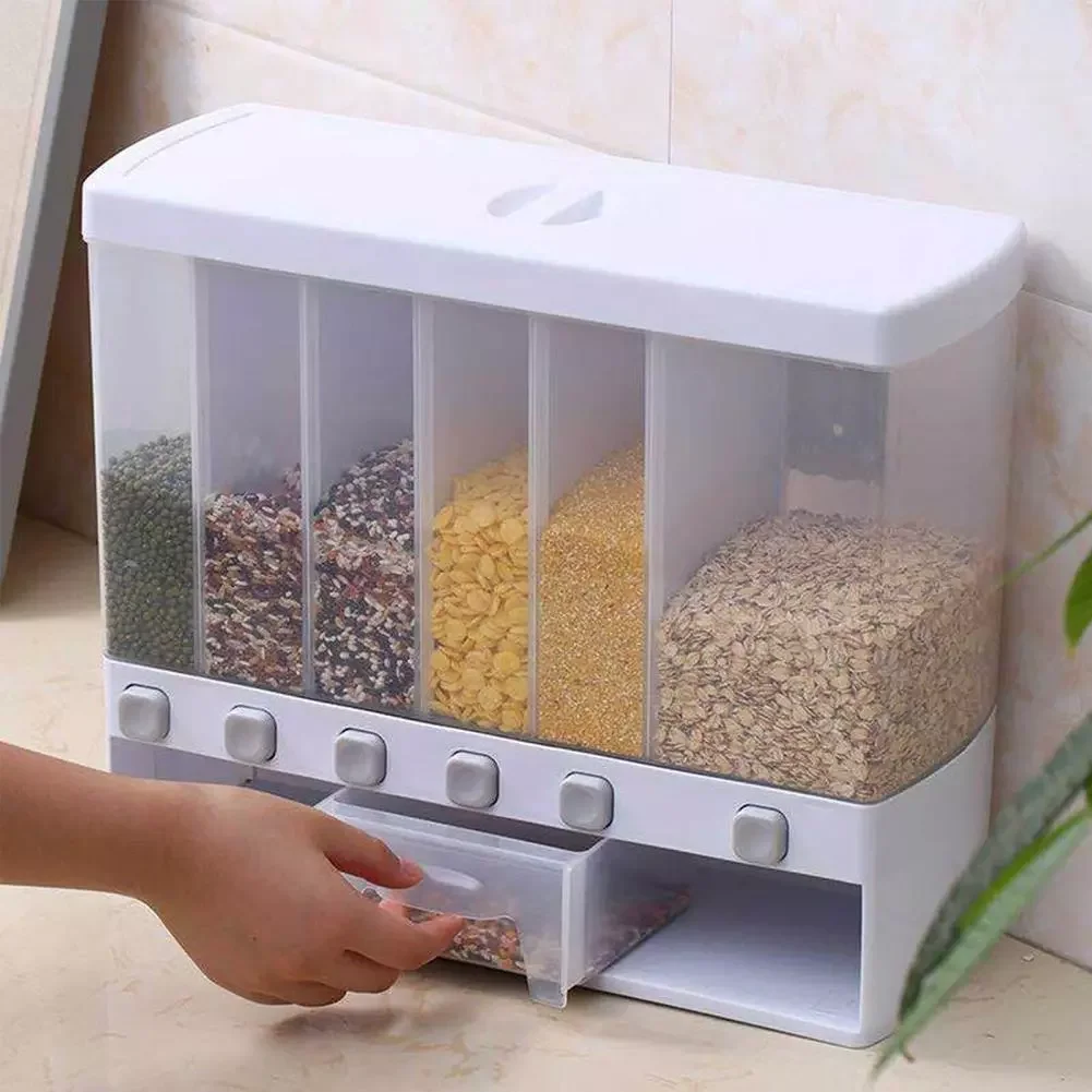 

Dry Food Dispenser 6-Grid Cereal Dispensers Food Storage Container Kitchen Storage Tank for Cereal, Rice, Nuts, Snack, Grain