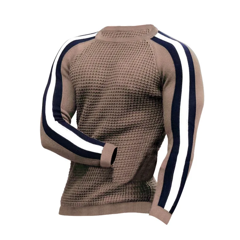 

Men Side Striped Long Sleeve Loose Sweatshirts Fashion Waffle Crew Neck Sweater Knitted Tops Men 2022 Autumn Jumper Streetwear