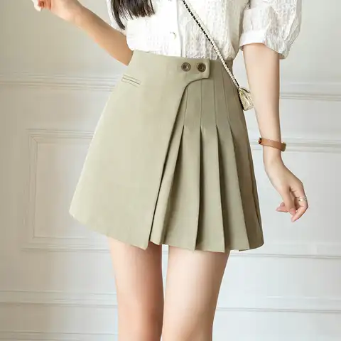2023 New Korean Cute High Waist A-line Mini Pleated Skirt Fashion Button Female Short Skirts Woman Spring Summer Casual Skirts