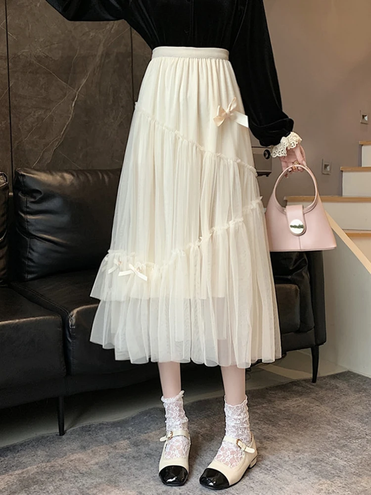 

FMFSSOM Spring New Women Patchwork Bow Mesh Skirt Beige A Line Solid Color Ankle Length Kawaii Long Skirt Summer Girl Clothes