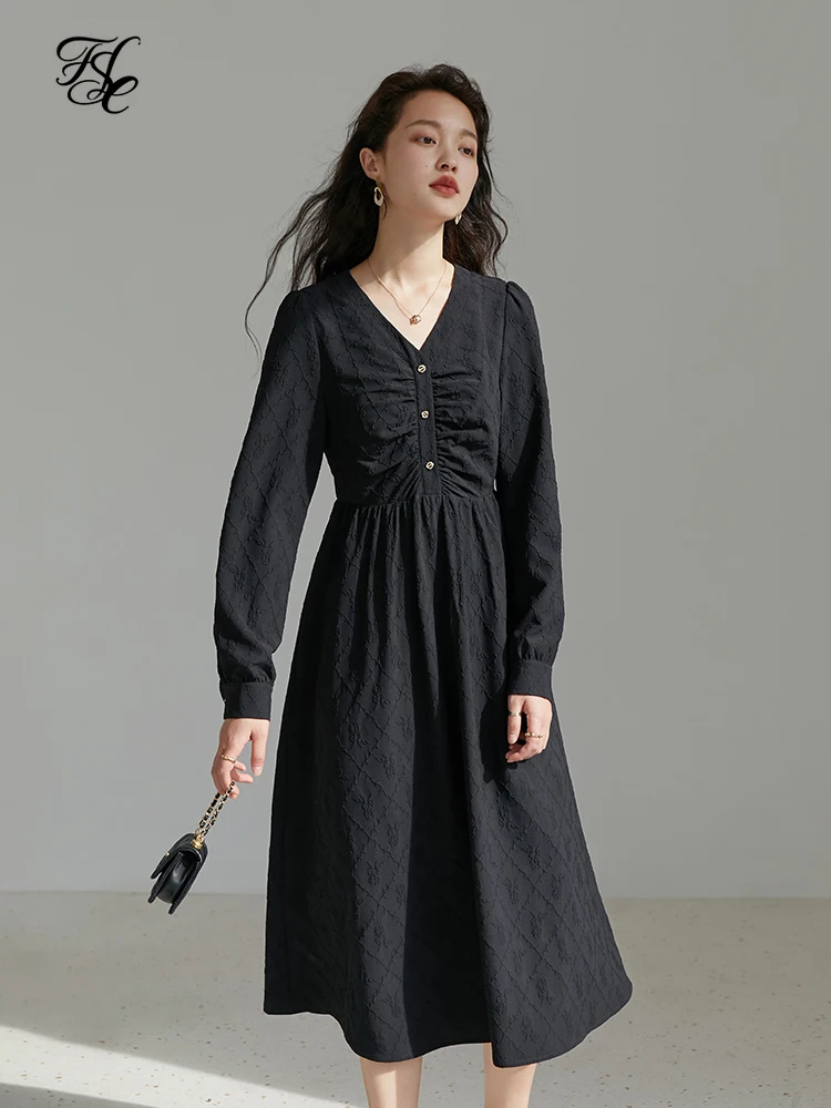 

FSLE V-Neck Collar Full Regular Sleeve Dress Mid-Length High Waist A-LINE Dress Office Lady Solid Textured Black Dresses