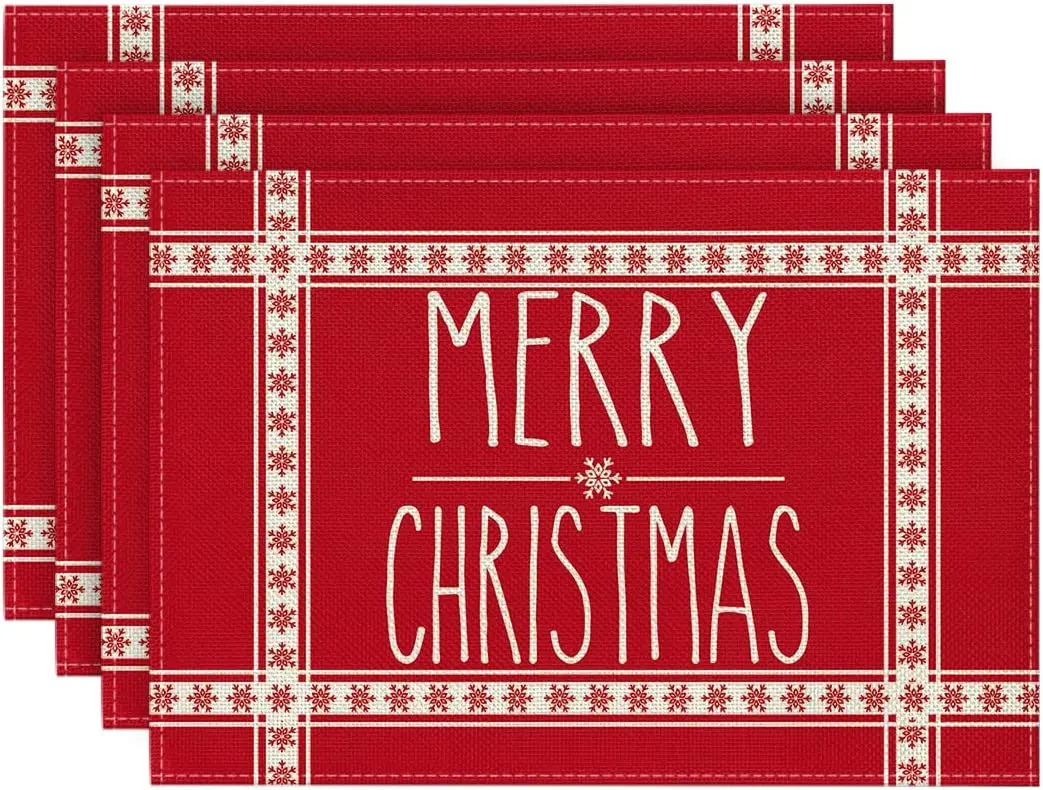 

Snowflakes Stripes Merry Christmas Placemats Set of 4 12x18 Inch Seasonal Winter Table Mats for Party Kitchen Dining Decoration