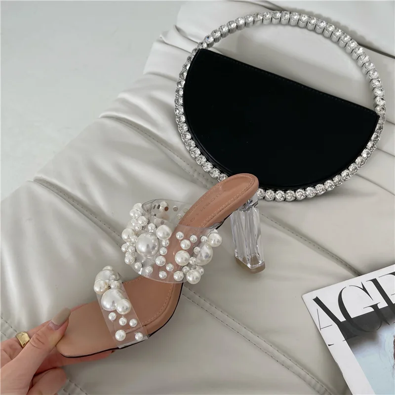 New Transparent PVC String Bead Shoes Woman Fashion Open Toe Slippers Crystal Heels Slides Beach Sandale Ladies  Sandalias