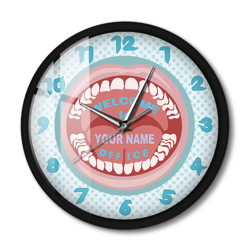 

Настенные часы с металлической рамкой, персонализированные бесшумные настенные часы с именем стоматолога для декора стоматологической кл...
