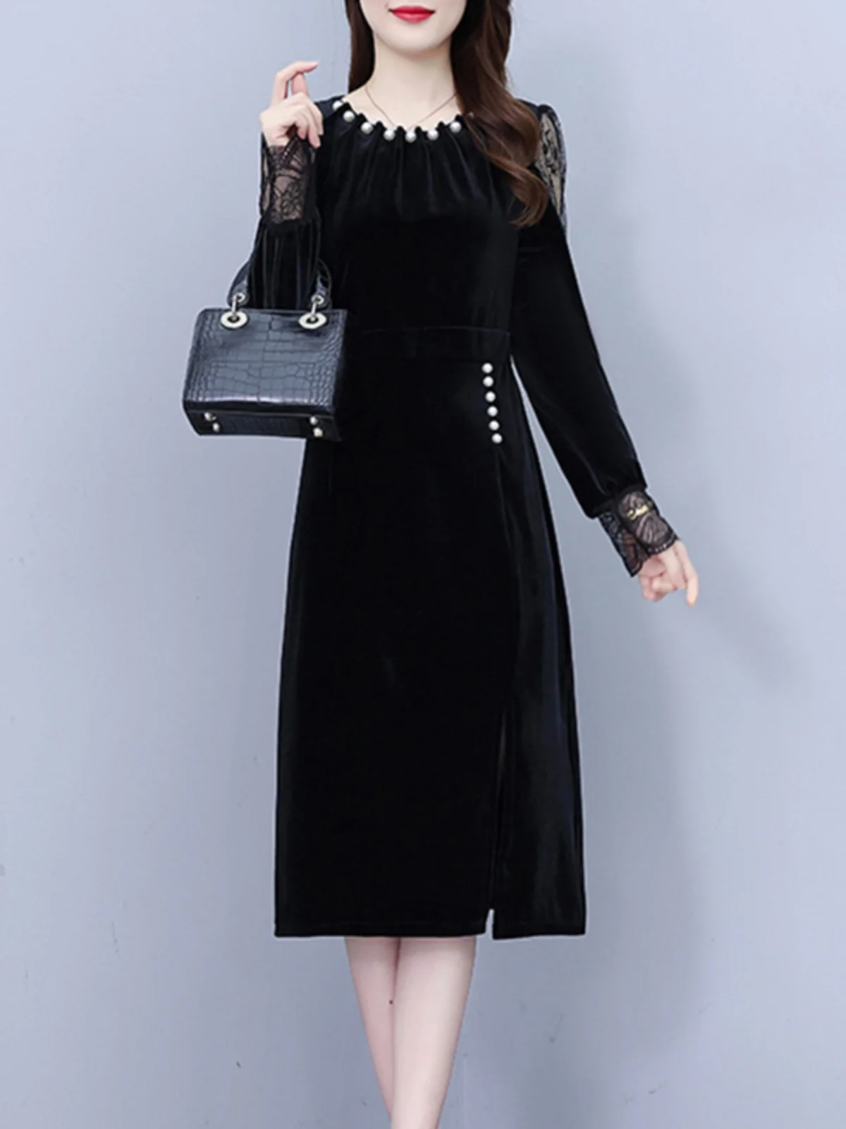 Золотое бархатное платье для всего тела. Женская одежда. Весна и осень-зима 2024.