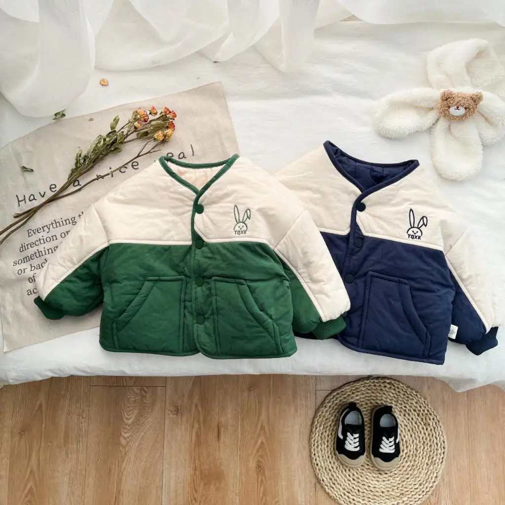 

Корейский стиль 2023, зимнее двустороннее теплоизоляционное хлопковое пальто для маленьких мальчиков, универсальная куртка с принтом кролика, верхняя одежда для маленьких мальчиков