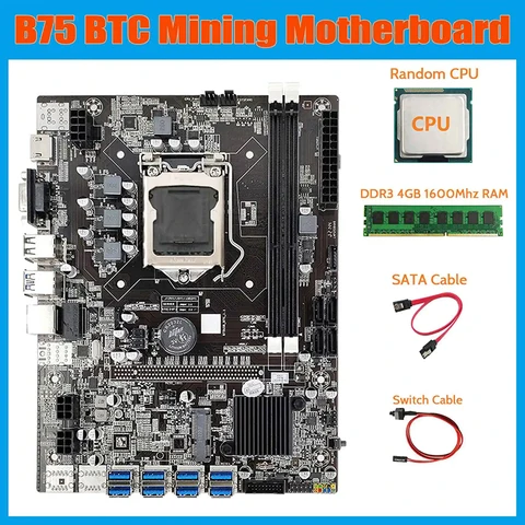 Материнская плата B75 USB BTC для майнинга + ЦП + DDR3 4 Гб 1600 МГц ОЗУ LGA1155 8xpcie на USB B75 BTC материнская плата