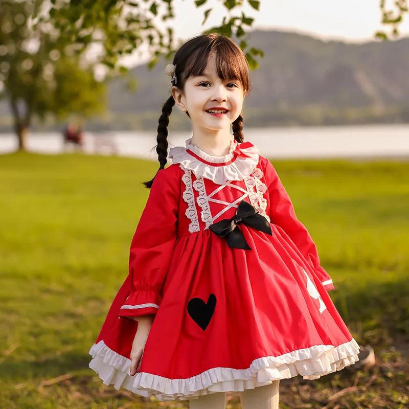 2022 Spring Autumn Lolita Ball Gowns Baby Toddler Long Sleeve Loose Lace Ruffle Hem Dresses With Bow Children Girls Clothing