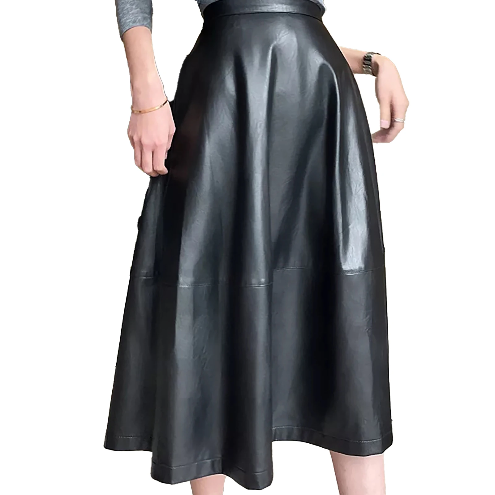 

Женская юбка-трапеция средней длины, Однотонная юбка-клеш из искусственной кожи с высокой талией, весна-осень 2022