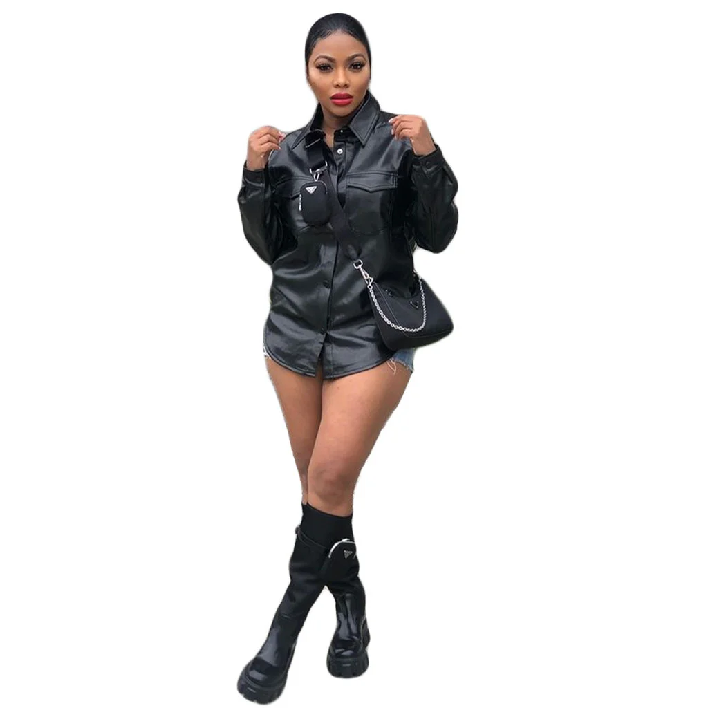 Women's Jacket Leather Cardigan New Fashion Autumn Winter Women Top Casual Long Sleeve Coats Shirt High Street Female Clothing