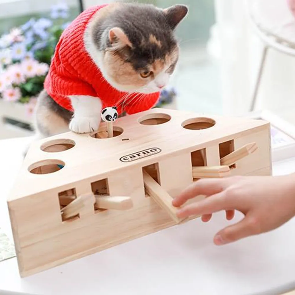 

Cat Hunt Toy Chase Mouse Solid Wooden Interactive Maze Pet Hit Hamster With 3/5-holed Mouse Hole Catch Bite Catnip Funny Pet Toy
