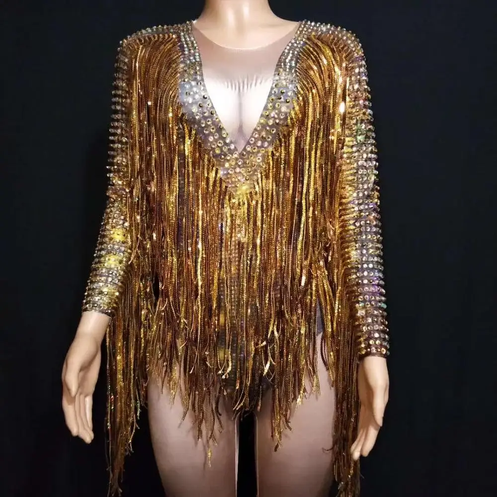 Gold  Color Tassel Fringes Sexy  Women Jumpsuit Jazz Dance  Outfit Evening Show One-piece Sexy  Playsuits Bodysuits