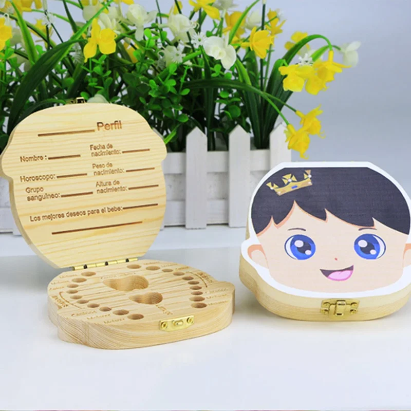 

English/Spanish Wooden cartoon Tooth Box Organizer Save Milk Teeth Box Storage Teeth Gift Umbilical Cord