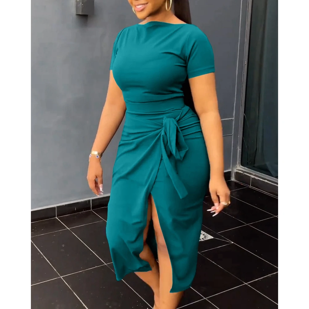 Summer Women Slash Neck Short Sleeve Crop Top & High Waist Hem Split Lace up Skirts Set Causal Streetwear New In Suit 2023 y2k