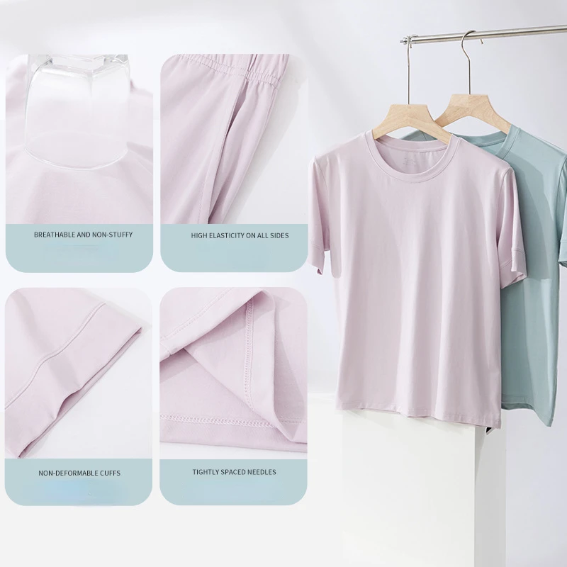 Pajamas Women Summer Solid Color Cool Feeling Pure Cotton Short-sleeved Trousers Suit Soft and Casual Sleepwear with Round Neck