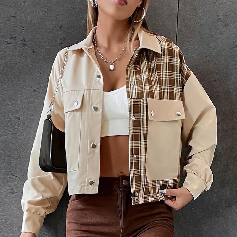 

Винтажные Женские куртки в клетку, отложной воротник, повседневные пальто, уличная одежда на пуговицах, свободная женская верхняя одежда