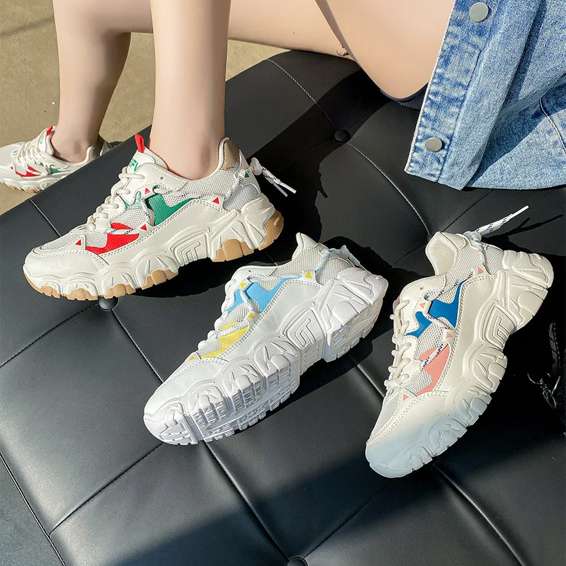 Women's Chunky Sneakers 2022 Fashion Increased Ladies Platform Shoes Lace Up Breathable Vulcanize Shoes Female Designer Trainers