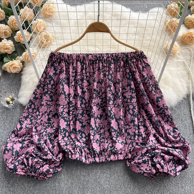 

Summer Sexy Slash Neck Holiday Floral Women Sweet Chiffon Print Bohemian Lantern Long Sleeve Off The Shoulder Casual Top