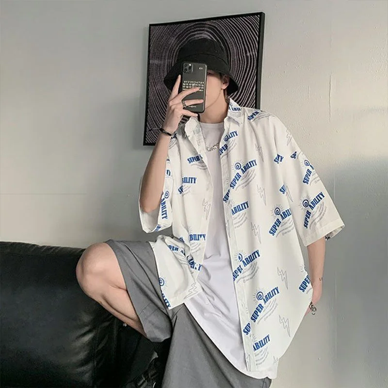 

Fat Casual Draping Short Sleeve Shirt Men's Ins Top Summer Ruffian Handsome Trend Japanese Versatile Half Sleeve Lined Clothes