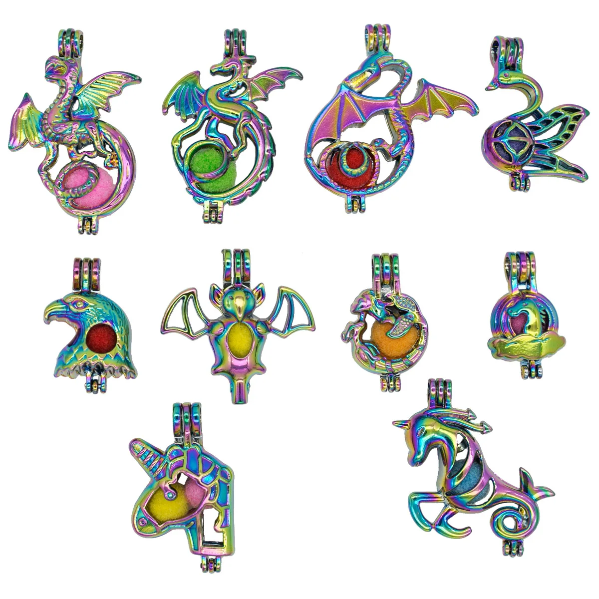 

5pcs Animal Unicorn Mermaid Dragon Eagle Pearl Cages Essential Oil Diffuser Locket Pendant Jewelry Making Necklace DIY