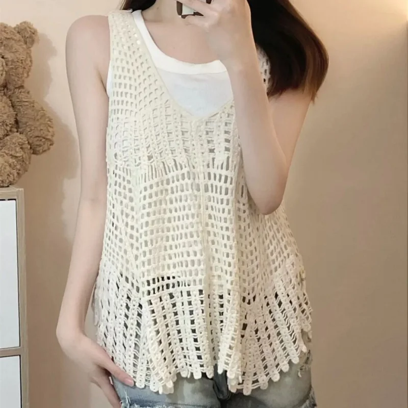 

Crocheted Hollow-out Knitted Vest Bohemian Small Vest Sling Women's Summer French Chic Top