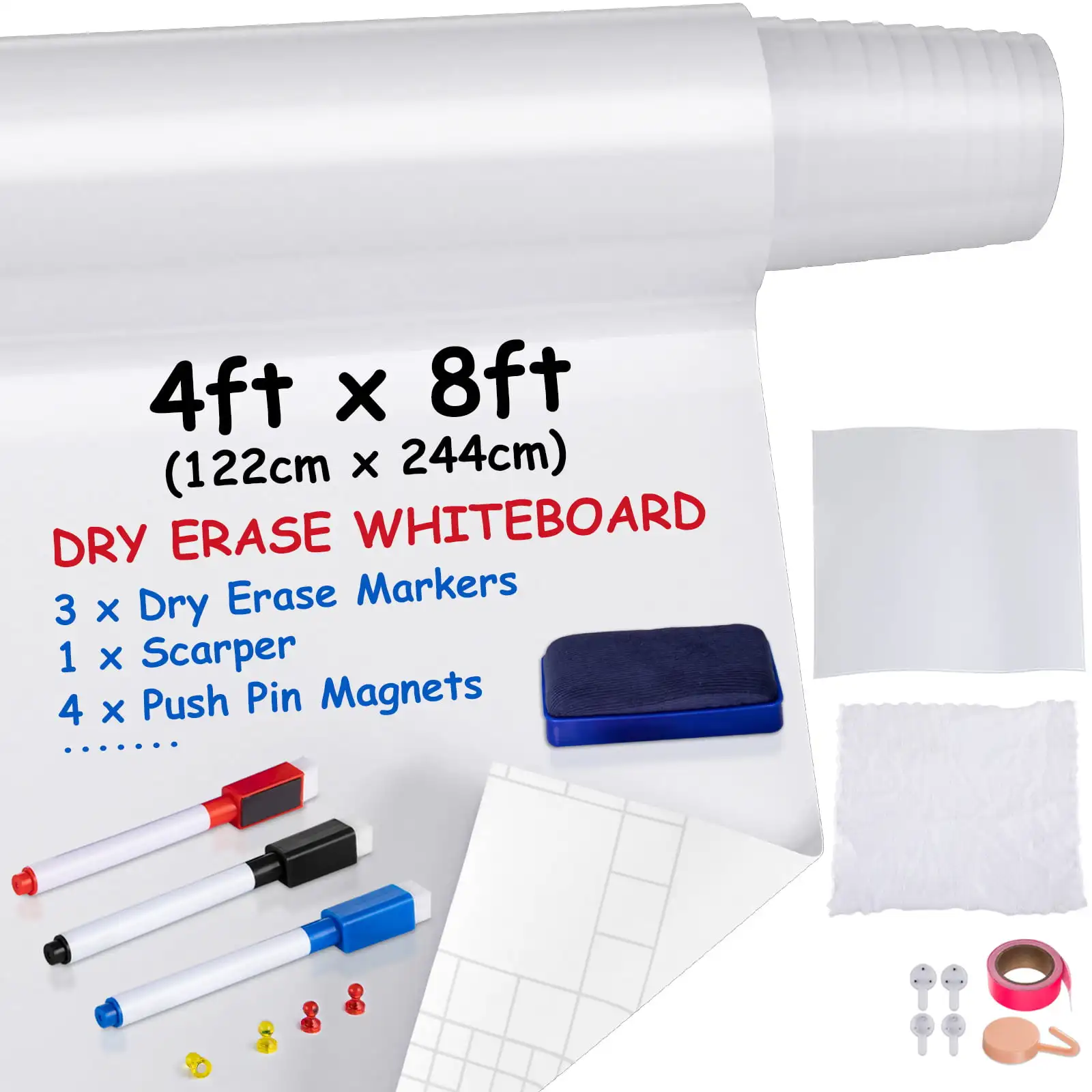 

White Board Paper, 8x4 ft Dry Erase Whiteboard Paper w/ Adhesive Backing, Removable Peel and Stick PET Surface, No Ghost Kids H