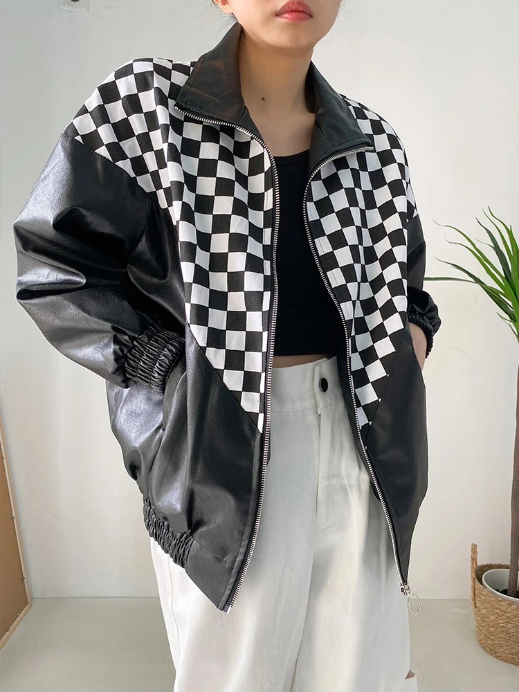 SuperAen Black and White PU Leather Coat Retro Design Motorcycle Jacket Baseball Suit Women Fashion Blazer Jacket