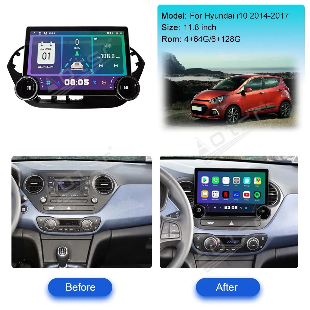 Фото Автомобильный радиоприемник 11,8 дюйма для Hyundai i10 2014 -2017, мультимедийное Авторадио, стерео, Carplay, ручной авто, AC DSP, видео, аудио плеер, аксессуары №2