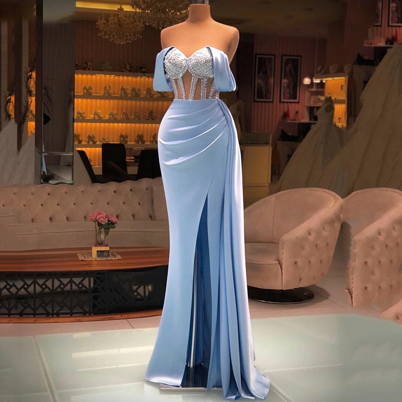 Купи Elegant Blue Sleeveless Prom Dress High Split Mermaid Evening Dress Pleated Off Shoulder Satin Party Dress за 7,584 рублей в магазине AliExpress