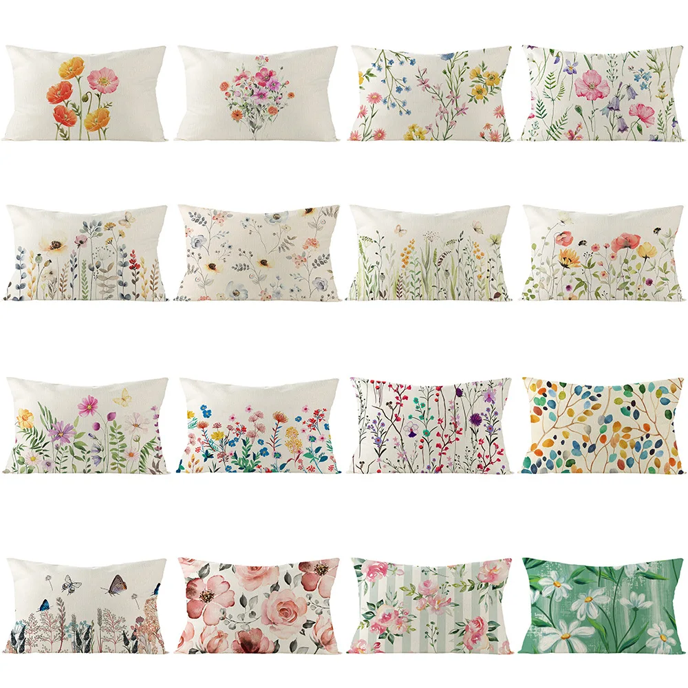 

Flax Printed Waist Pillowcase Plant Flower Home Linen Sofa Pillowcase Flower Bedroom Cushion Cover